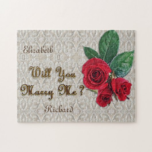 Aangepast huwelijksvoorstel, kant en rode rozen legpuzzel (Horizontaal)