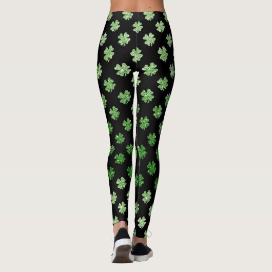 Aangepast Iers Groen Glitter Shamrock Pattern Blac Leggings (Achterkant)