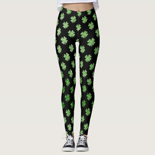 Aangepast Iers Groen Glitter Shamrock Pattern Blac Leggings (Voorkant)