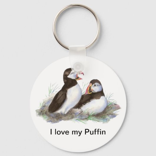 Aangepast "Ik hou van mijn Puffin", Waterverf-Puff Sleutelhanger (Voorkant)