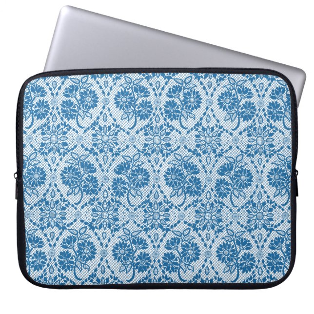 Aangepast indigoblauw bloemenpatroon laptop sleeve (Voorkant)