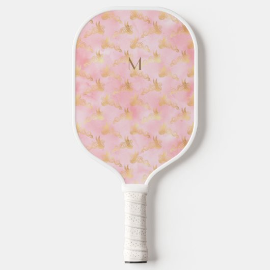 Aangepast Initiaal Barbie Roze Goud Bloemen Celest Pickleball Paddle (Voorkant)
