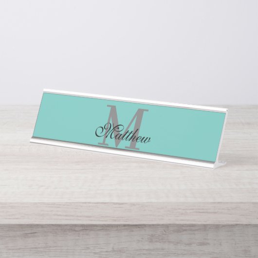 Aangepast initiaal en naamtekst blauwgroen bureau naambordje (Voorkant)