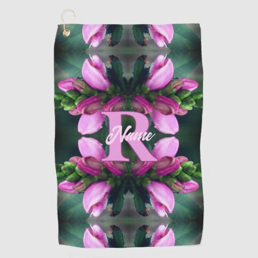 Aangepast initiaal naam roze bloem kunst golfhanddoek (Voorkant)