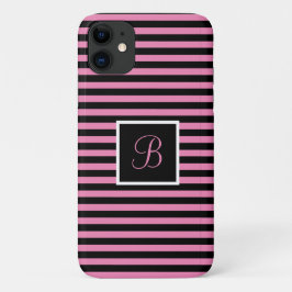 Aangepast Initiaal Roze en Zwart Gestreept iPhone 15 Case