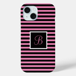 Aangepast Initiaal Roze en Zwart Gestreept iPhone 15 Case