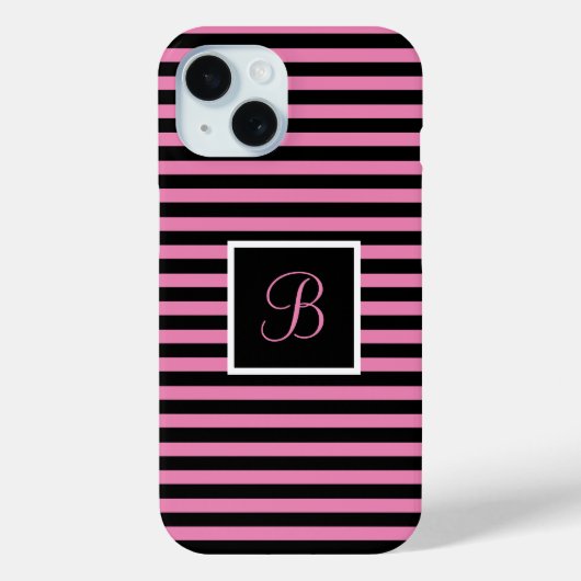 Aangepast Initiaal Roze en Zwart Gestreept Case-Mate iPhone Case (Achterkant)