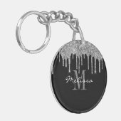 Aangepast Initiaal script glitter Drip Silver Sleutelhanger (Voorkant Links)