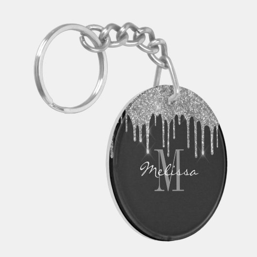 Aangepast Initiaal script glitter Drip Silver Sleutelhanger (Voorkant Links)