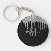 Aangepast Initiaal script glitter Drip Silver Sleutelhanger (Voorkant)