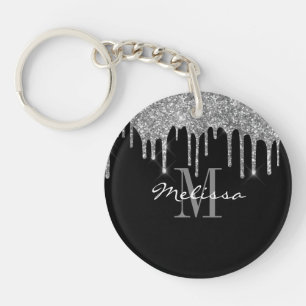 Aangepast Initiaal script glitter Drip Silver Sleutelhanger