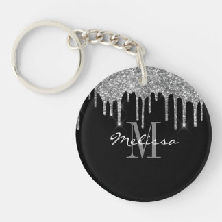 Aangepast Initiaal script glitter Drip Silver Sleutelhanger