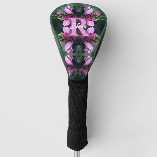 Aangepast initiaalmoogram met roze bloemkunst golfheadcover (Voorkant)