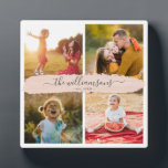 Aangepast installatienaam Instagram Photo Collage  Fotoplaat<br><div class="desc">Moderne Insta-vriendelijk fotoraster met ruimte voor vier favoriete foto's,  eenvoudige personalisatie voor uw aangepaste familienaam in het chic-penseelscript op een lichtroze penseelstreek,  dit keepjesplaatje voor fotocollage is een geweldig cadeau voor elke geliefde: het moderne ontwerp past gemakkelijk in een minimaal stijlvol thuisdecor.</div>