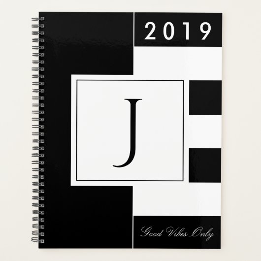 Aangepast jaar 2019 Monogram zwart en wit modern Planner (Voorkant)
