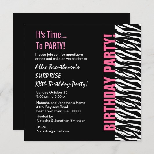 Aangepast jaar Birthday Pink en Black Zebra V055 Kaart (Voorkant / Achterkant)