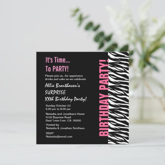 Aangepast jaar Birthday Pink en Black Zebra V055 Kaart (Staand voorkant)