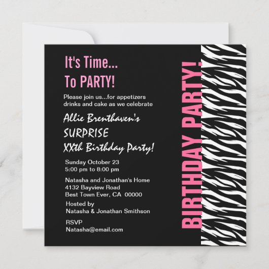 Aangepast jaar Birthday Pink en Black Zebra V055 Kaart (Voorkant)