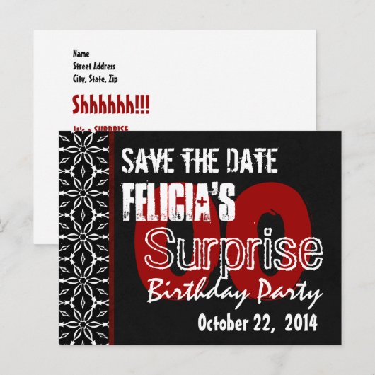 Aangepast Jaar Save the Date Surprise Zwart Rood V Aankondigingskaart (Voorkant / Achterkant)