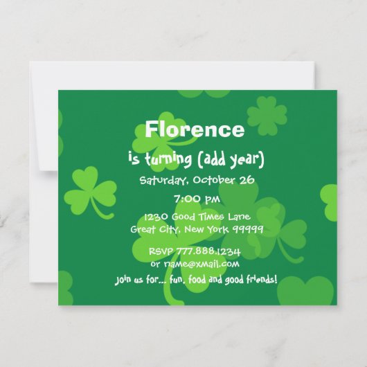 Aangepast jaar Shamrocks Birthday Party V01 Kaart (Achterkant)