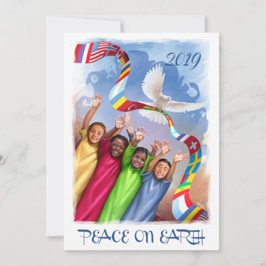 Aangepast jaar| Vrede op aarde. Multiculturele Kin Feestdagenkaart (Voorkant)