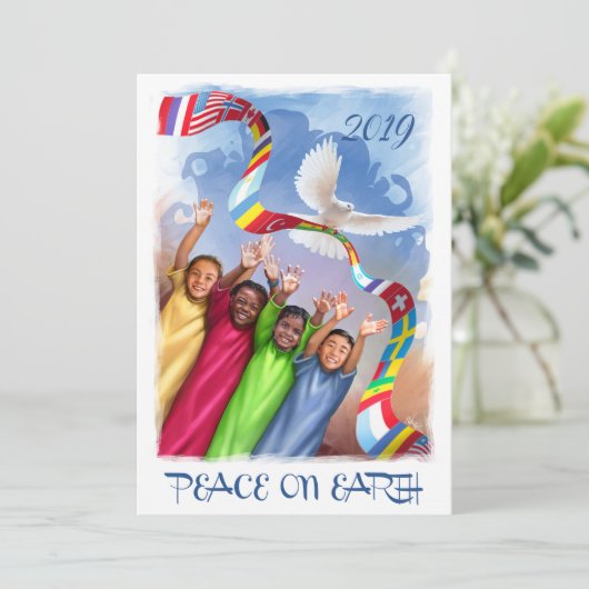 Aangepast jaar| Vrede op aarde. Multiculturele Kin Feestdagenkaart (Staand voorkant)