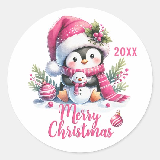 Aangepast Jaar Wit Roze Leuke Pinguïn Vrolijk Kers Ronde Sticker (Voorkant)