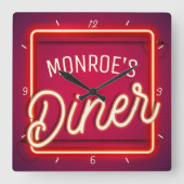Aangepast JOUW NAAM Red Faux Neon Sign Retro Diner Vierkante Klok (Voorkant)