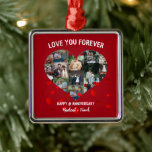 Aangepast Jubileum Hart Foto Collage Metalen Ornament<br><div class="desc">Aangepast Jubileum voor bruiloft Hart Foto Collage. Geef deze sjabloon voor het ontwerpen van verjaardagsdagsontwerpen een persoonlijk tintje met 15 foto's,  namen</div>