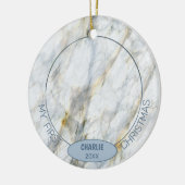 Aangepast kaartje Foto 1 Kerstmis op blauwe marmer Keramisch Ornament (Links)