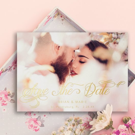 Aangepast kalligrafie schrift foto save the date folie uitnodiging