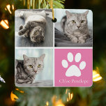 Aangepast kattefotocollage  roze dubbelzijdig keramisch ornament<br><div class="desc">Deze mooie kattenfoto kerstversiering is gepersonaliseerd met schattige afbeeldingen van je lieve meisje kat. Pas dit geschenk aan met uw eigen aangepaste feliene foto's rond een roze vierkant met een schattige witte pootdruk en de naam van uw kitten in het midden. Voeg je favoriete volledige foto op de achterkant toe....</div>