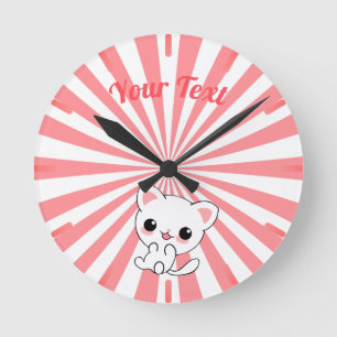 Aangepast Kawaii White Kitten afspelen Ronde Klok