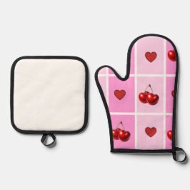 Aangepast kersen hart schaakbord patroon ovenwant & pannenlap set