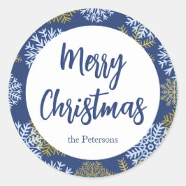 Aangepast kerstblauw wintersnowflakes ronde sticker