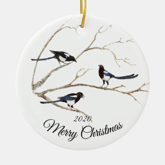 Aangepast kerstcadeautje Cursief Magpie Garden Bir Keramisch Ornament (Voorkant)