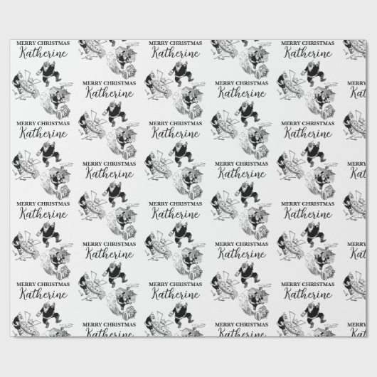 Aangepast kerstfeest Funny Santa Black White Cadeaupapier (Vlak)