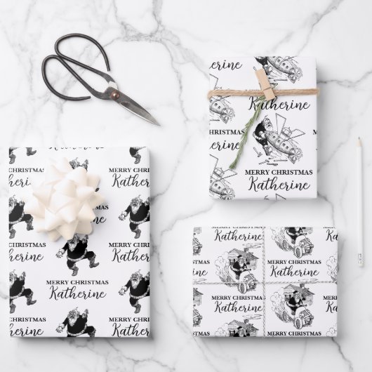 Aangepast kerstfeest  Funny Santa Black White Inpakpapier Vel (Voorkant)