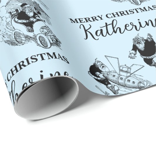 Aangepast kerstfeest  Funny Santa Blue Cadeaupapier (Rol Hoek)