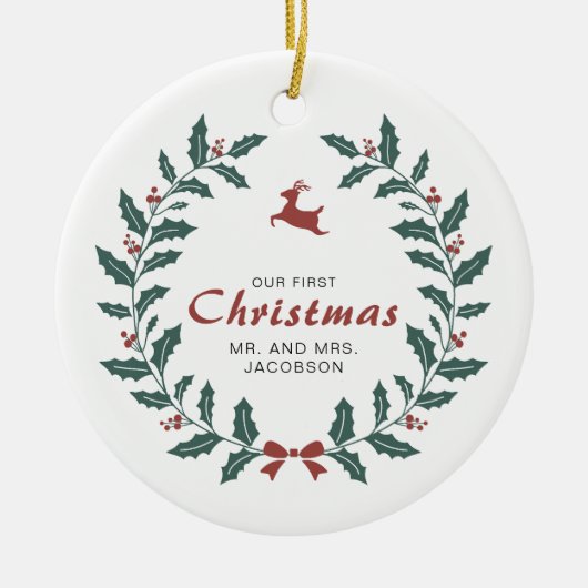 Aangepast kerstfeest met deer holly keramisch ornament (Voorkant)