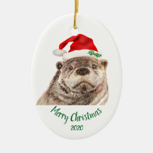 Aangepast kerstfeest met Otter Santa Hat Animal Keramisch Ornament