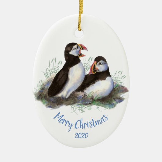 Aangepast kerstfeest met puffin Ocean Bird Keramisch Ornament (Voorkant)