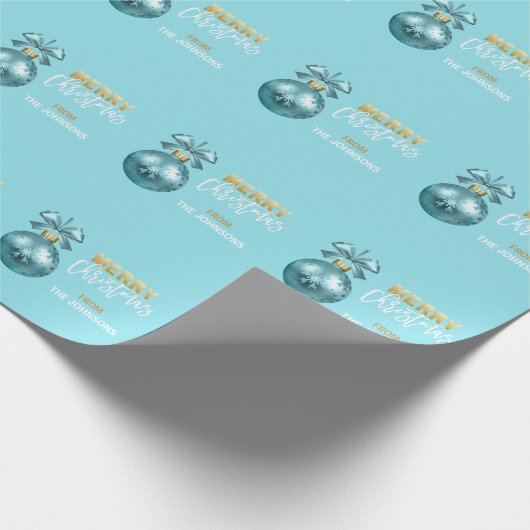 Aangepast kerstfeest Turquoise Blue Gold Ornament Cadeaupapier (Hoek)