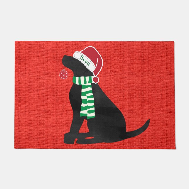 Aangepast kerstzwart labrador Holiday Red Deurmat (Voorkant)