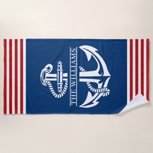 Aangepast keukenanker op rode en witte strepen strandlaken (Voorkant)