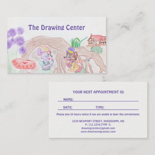 Aangepast Kinder kunstwerk, twee leuke muis, bloem Afsprakenkaartje (Voorkant / Achterkant)