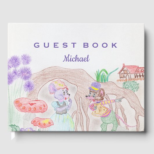 Aangepast Kinder kunstwerk, twee leuke muis, bloem Gastenboek (Voorkant)