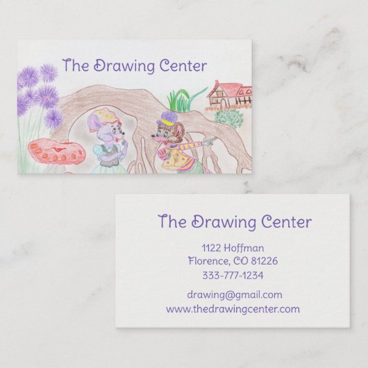 Aangepast Kinder kunstwerk, twee leuke muis, bloem Visitekaartje (Voorkant / Achterkant)