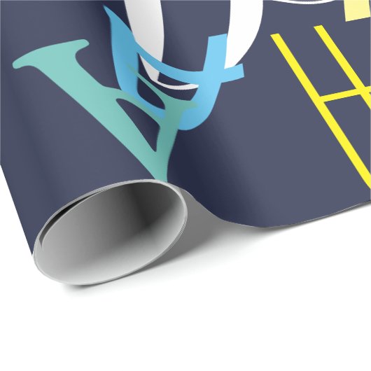 aangepast kleurenpatroon kinder initiaal op blauw cadeaupapier (Rol Hoek)