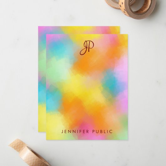 Aangepast kleurig Abstract handgeschreven monogram Notitiekaartje (Voorkant / Achterkant in situ)